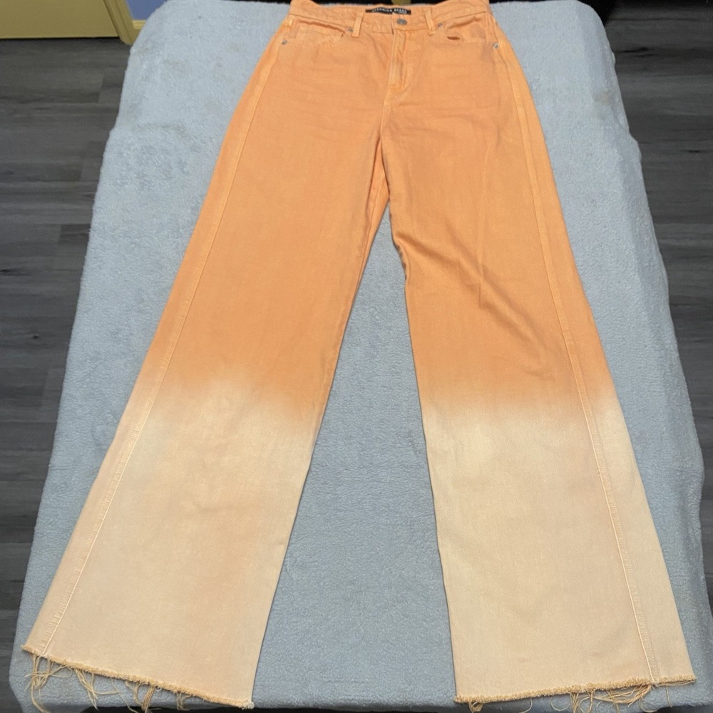 Veronica Beard Taylor Wide Leg Jeans 26 Orange Ombré High Rise Raw Hem Fray